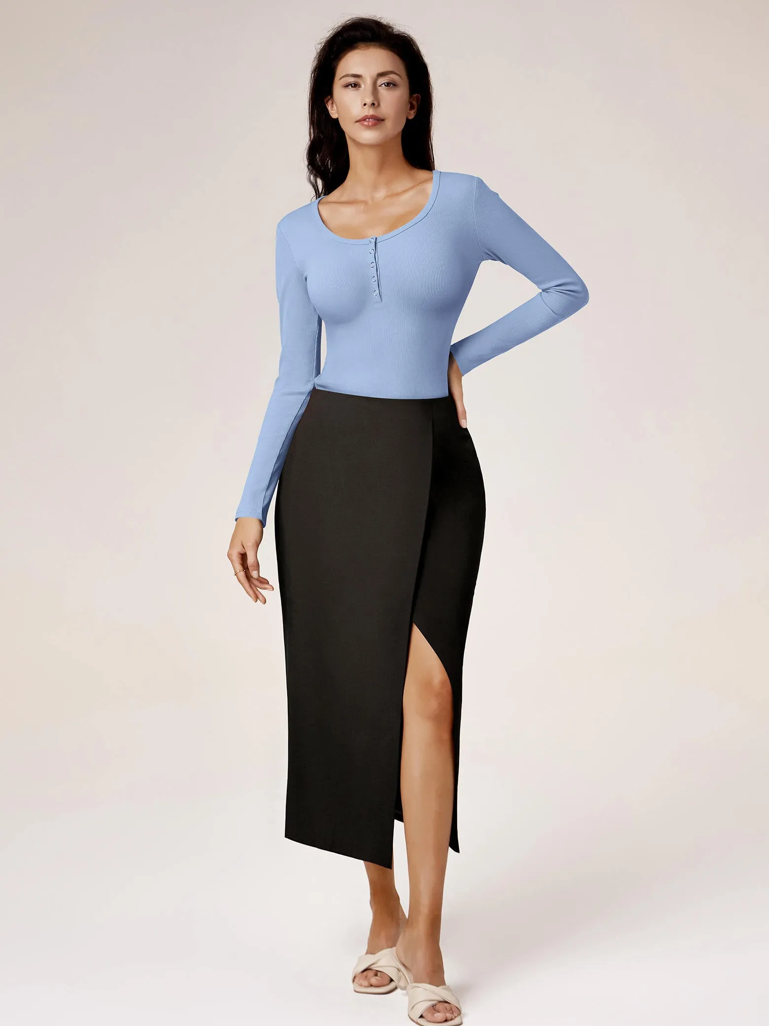 Amoretu Women's Henley Collar Long Sleeve Slim Fit Top sold by Amoretu product image thumbnail 5