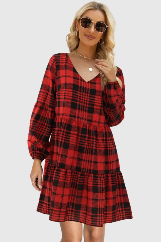 Tartan-v-neck-floral-print-tunic-shift-dress Sale sold by Amoretu