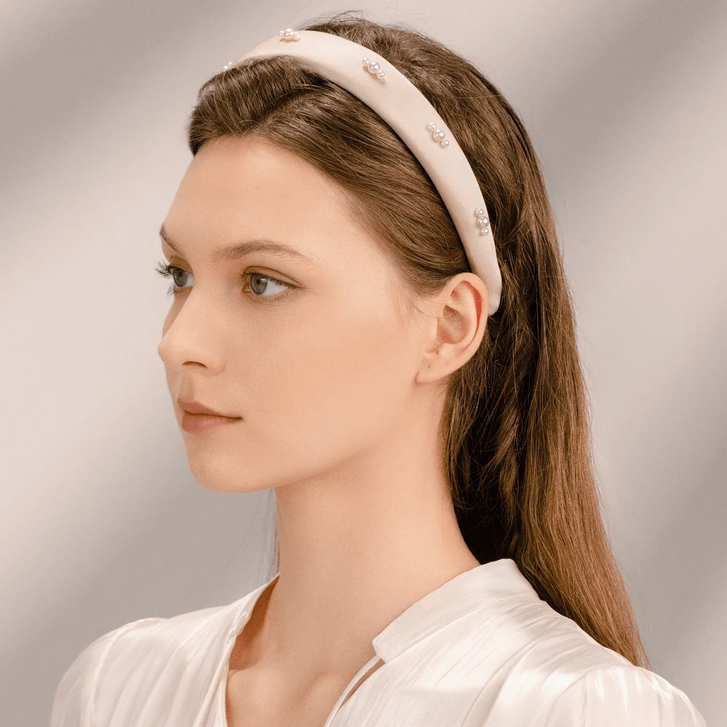 Satin Pearl Wide Headband (Spaced & 3 Beads) sold by Babybei product image thumbnail 2