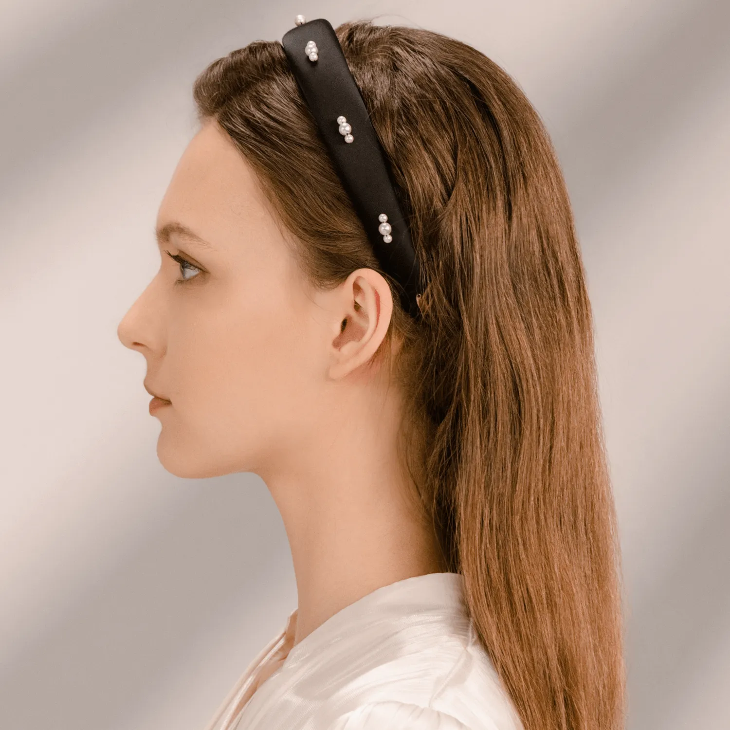 Satin Pearl Wide Headband (Spaced & 3 Beads) sold by Babybei product image thumbnail 3