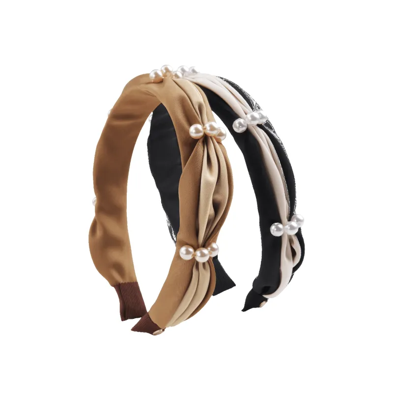 Satin Pearl Wide Headband (Color-blocked & 3 Beads) made by Babybei