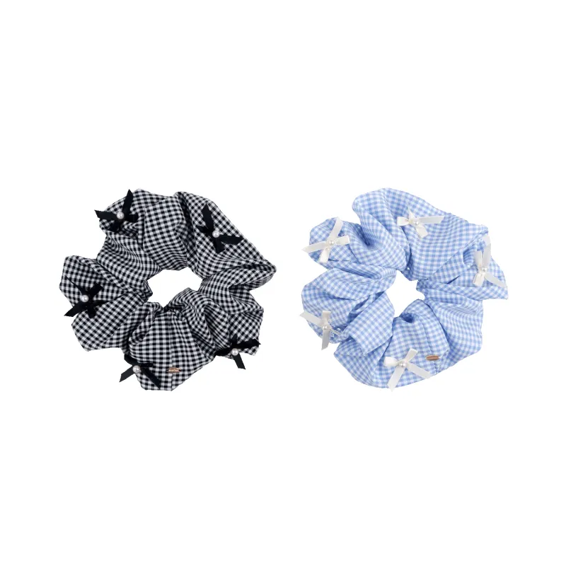 Plaid Pearl Large Scrunchie (5 Bows & 5 Beads) made by Babybei