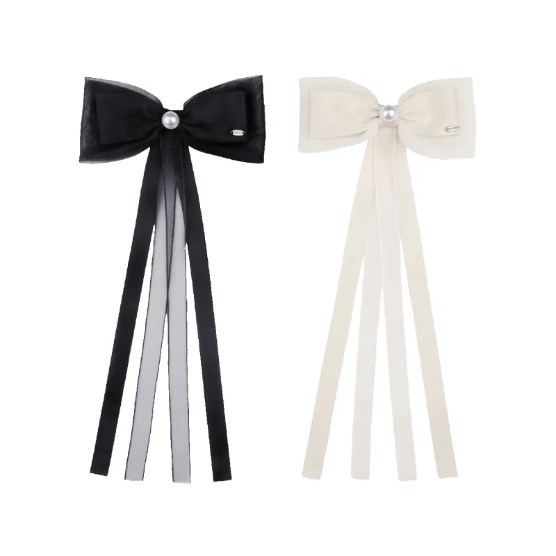 Organza Pearl Medium Hair Barrette (Long Ribbon & 1 Bead) sold by Babybei