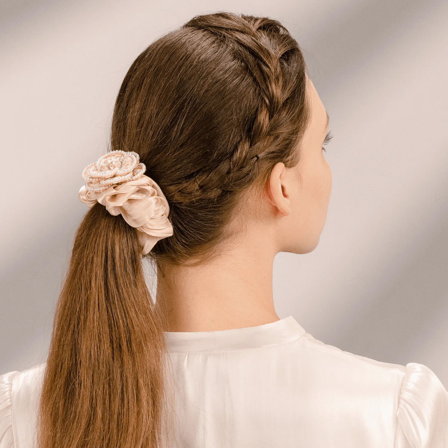 Camellia Pearl Medium Scrunchie (Tweed & Beaded) sold by Babybei product image thumbnail 2