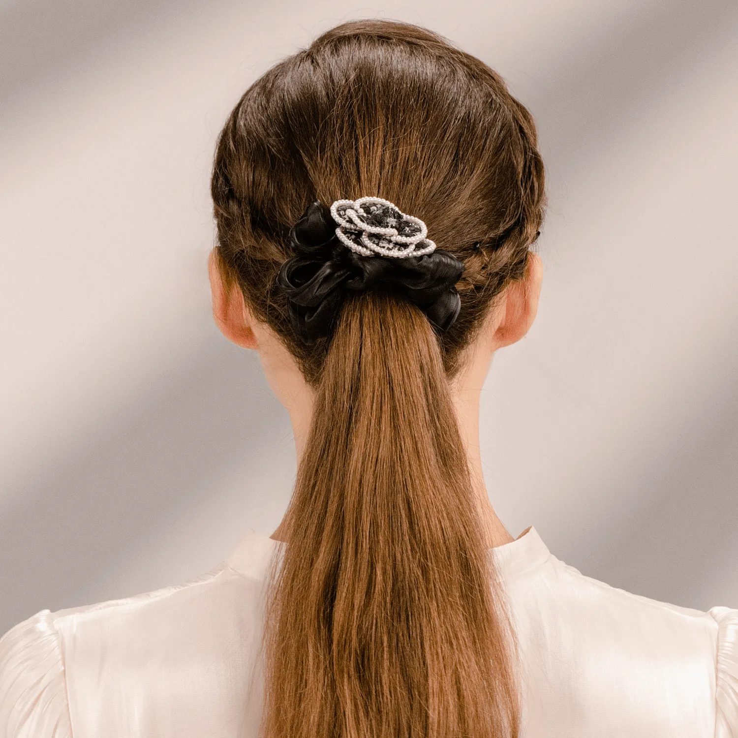 Camellia Pearl Medium Scrunchie (Tweed & Beaded) sold by Babybei product image thumbnail 3