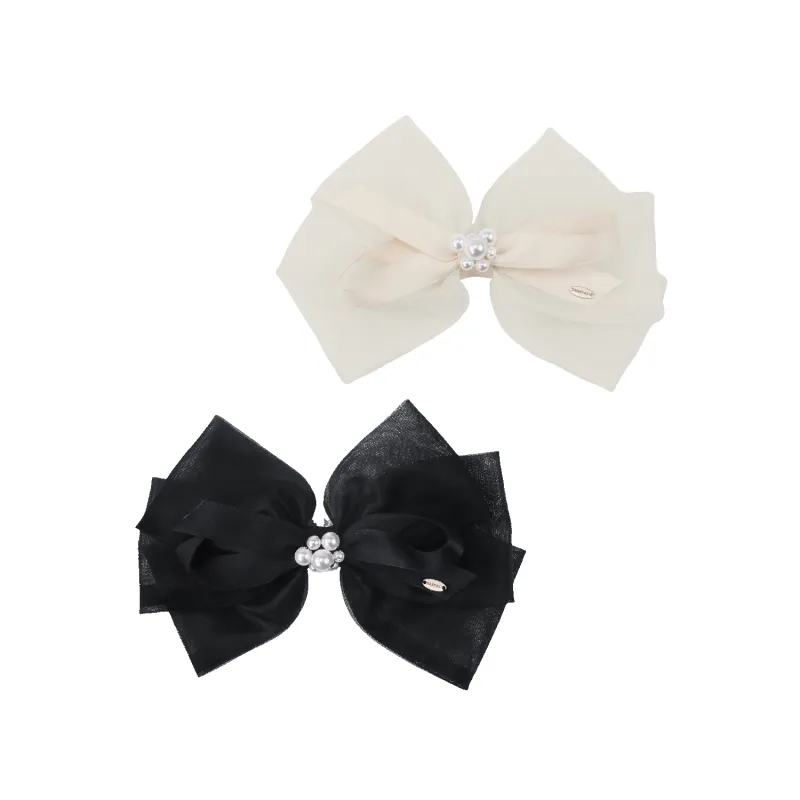 Organza Pearl Large Hair Barrette (4 Layered Bow & 7 Beads) sold by Babybei