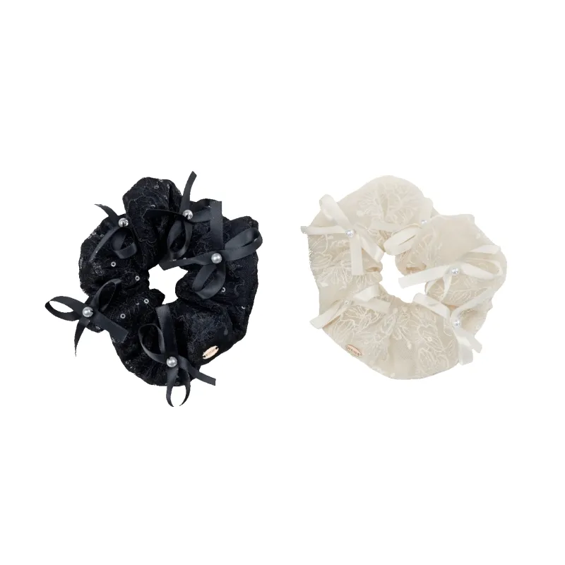 Embroidery Pearl Large Scrunchie (5 Bows & 5 Beads) made by Babybei