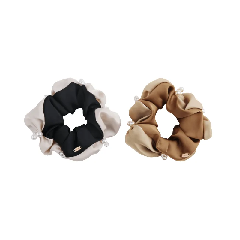 Satin Pearl Large Scrunchie (Color-blocked & 3 Beads) made by Babybei