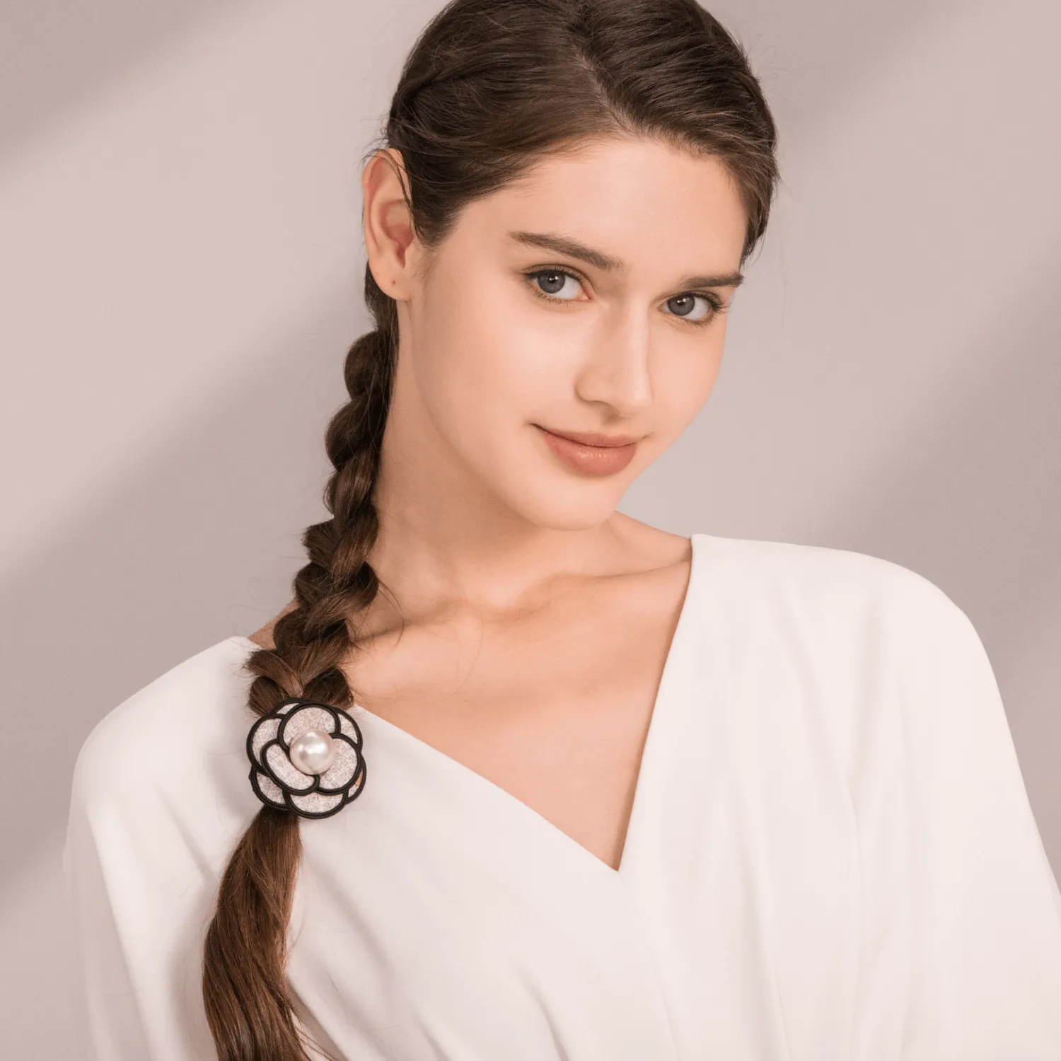 Camellia Pearl Small Scrunchie (Tweed & 1 Bead) sold by Babybei product image thumbnail 2