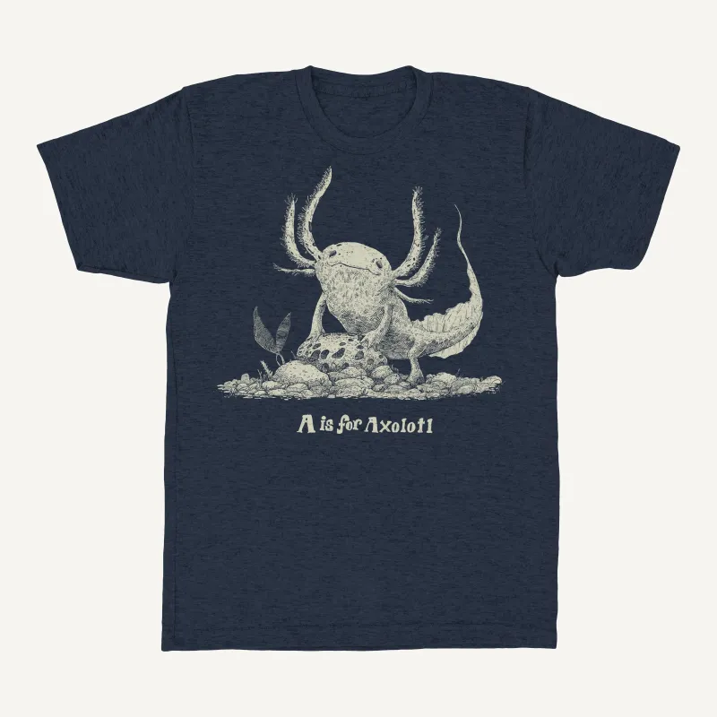 A is for Axolotl T-Shirt - Hand-Printed on Organic Cotton/Poly Blend sold by The Quarrelsome Yeti