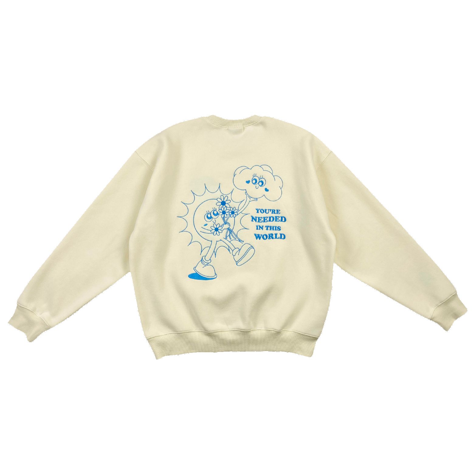 *almost perfect* buttercream blue "you're needed in this world" ultra cozy crewneck sold by Aloura Lounge