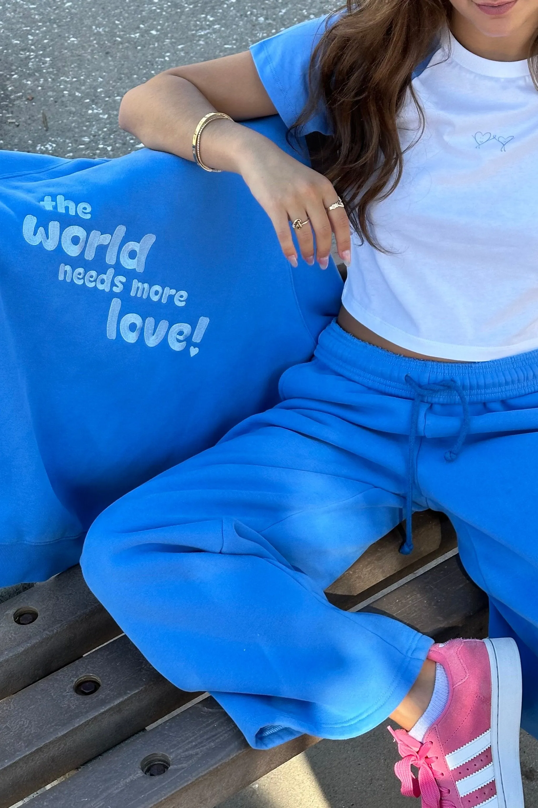 breezy blue "the world needs more love" ultra cozy crewneck sold by Aloura Lounge product image thumbnail 3