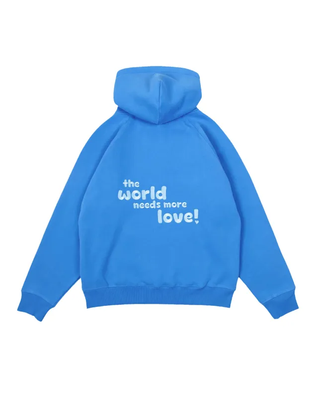 breezy blue "the world needs more love" ultra cozy hoodie sold by Aloura Lounge