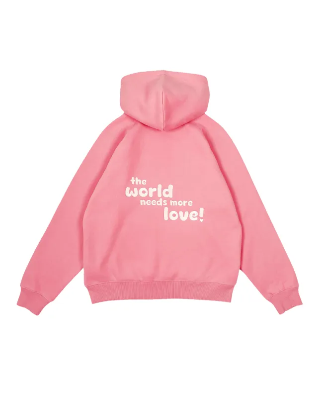 bubblegum pink "the world needs more love" ultra cozy hoodie sold by Aloura Lounge