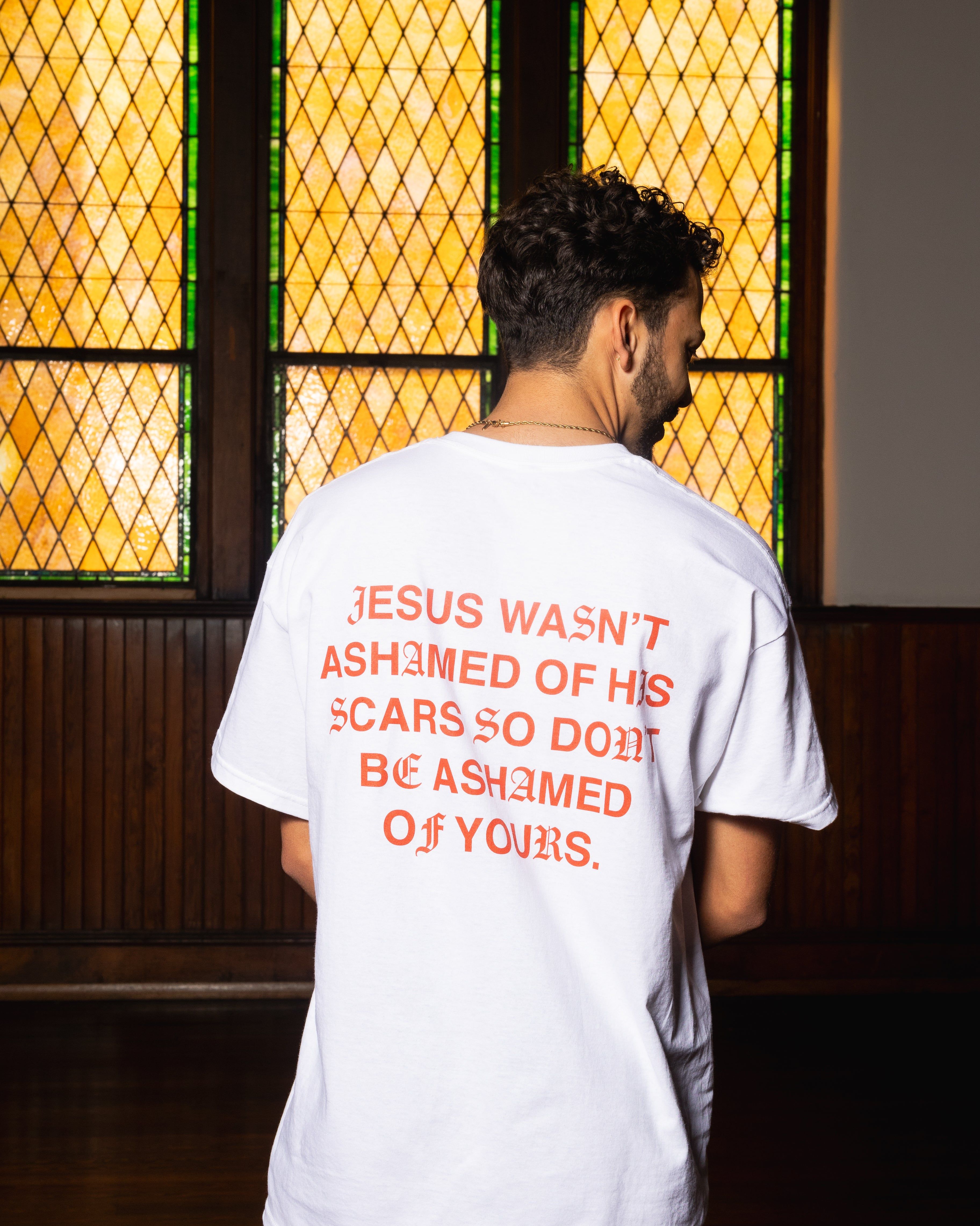 "Jesus Wasn't Ashamed" Tee || White/Red sold by Jesus Loves You