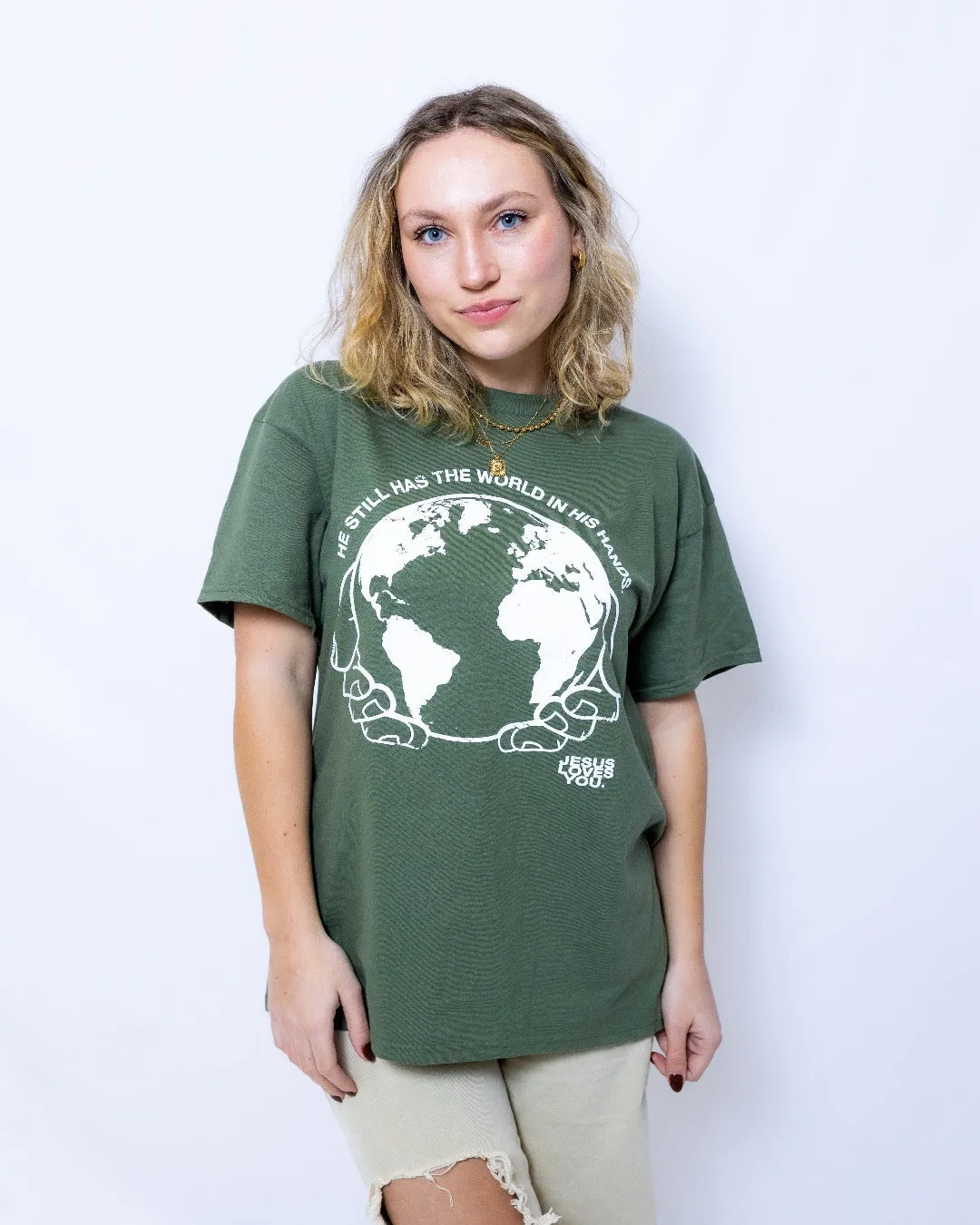 "Whole World" Army Green Tee sold by Jesus Loves You