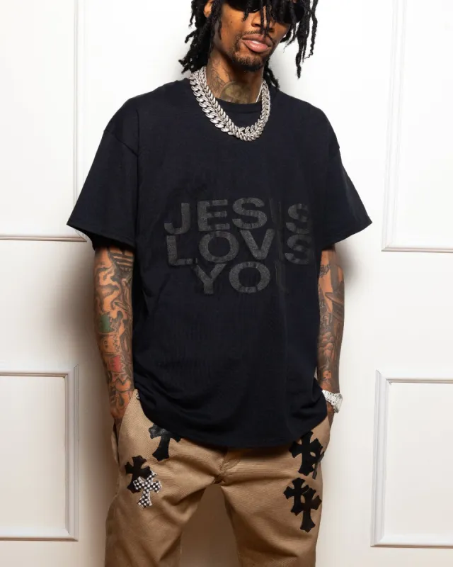 "Oversized Logo" Tee - Black On Black 3-D Puff Print sold by Jesus Loves You