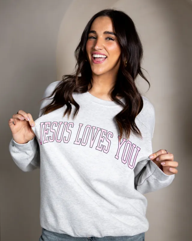 Arch Logo Crewneck || Ash Gray/Pink sold by Jesus Loves You