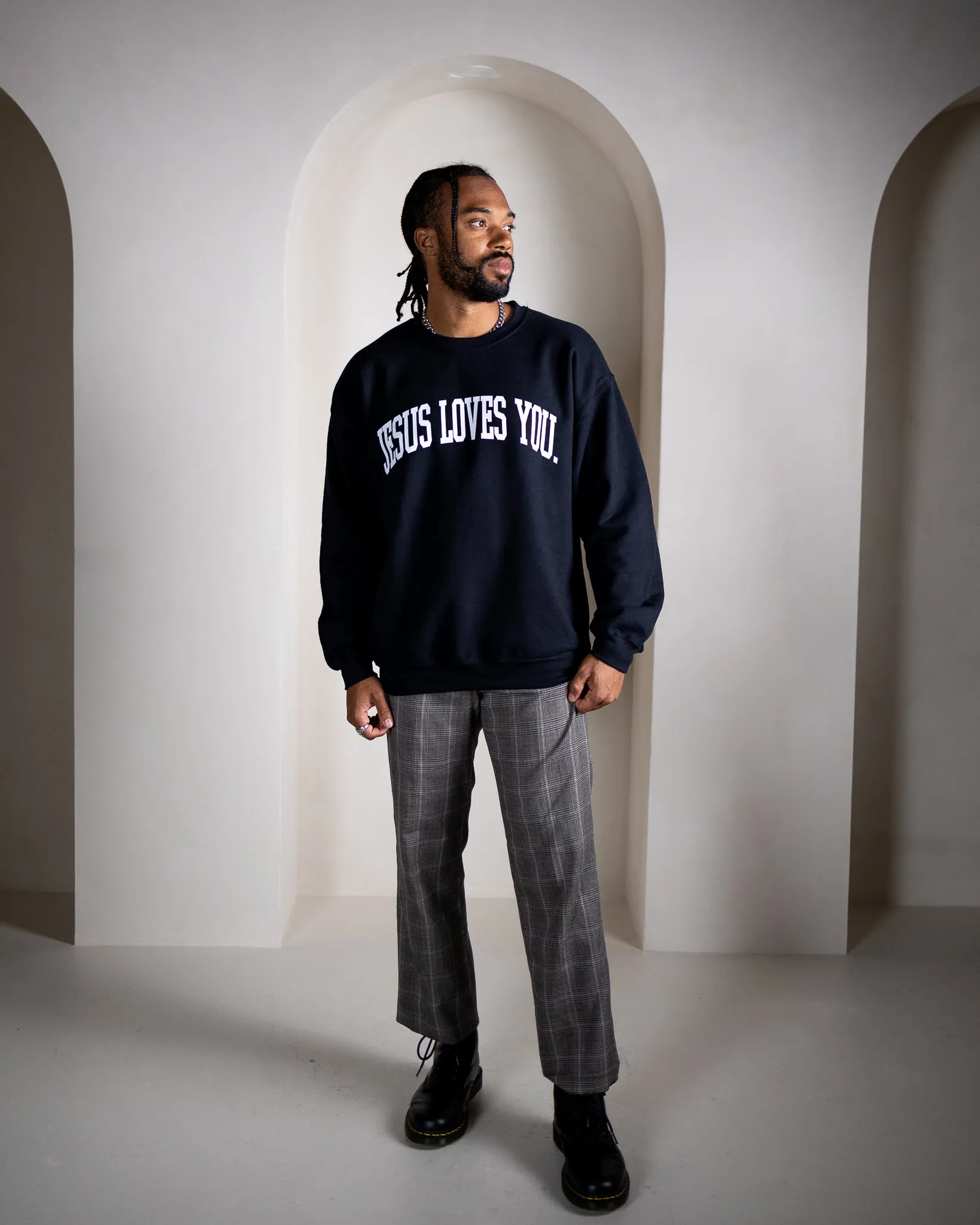 Arch Logo Crewneck || Solid White Logo sold by Jesus Loves You