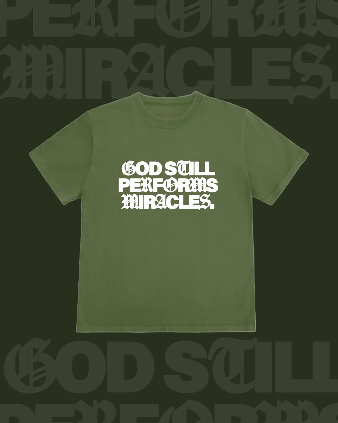 LMTD || "Miracles" 9 Oz. Max Heavyweight Tee || Olive sold by Jesus Loves You