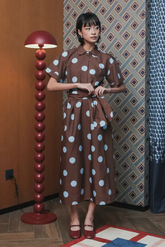 Bella Dress in Brown Blue Polka sold by KYRRA