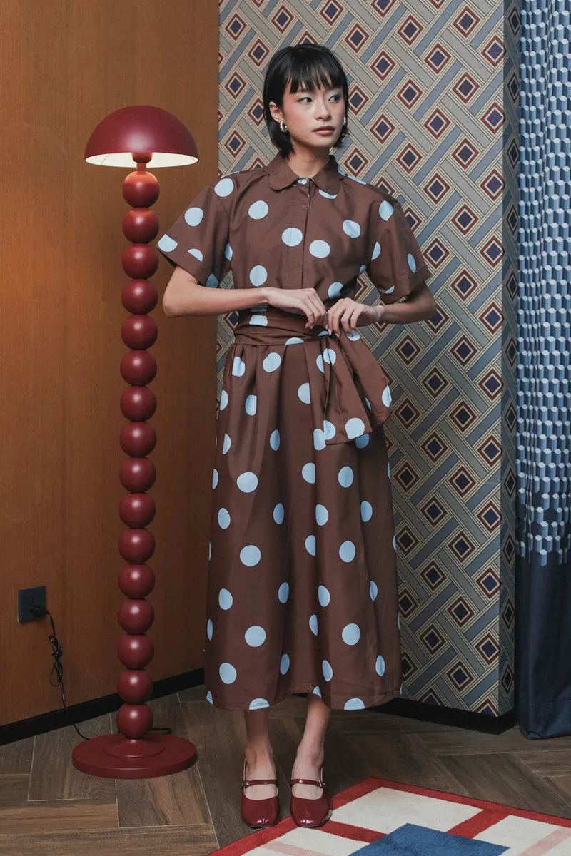 Bella Dress in Brown Blue Polka sold by KYRRA