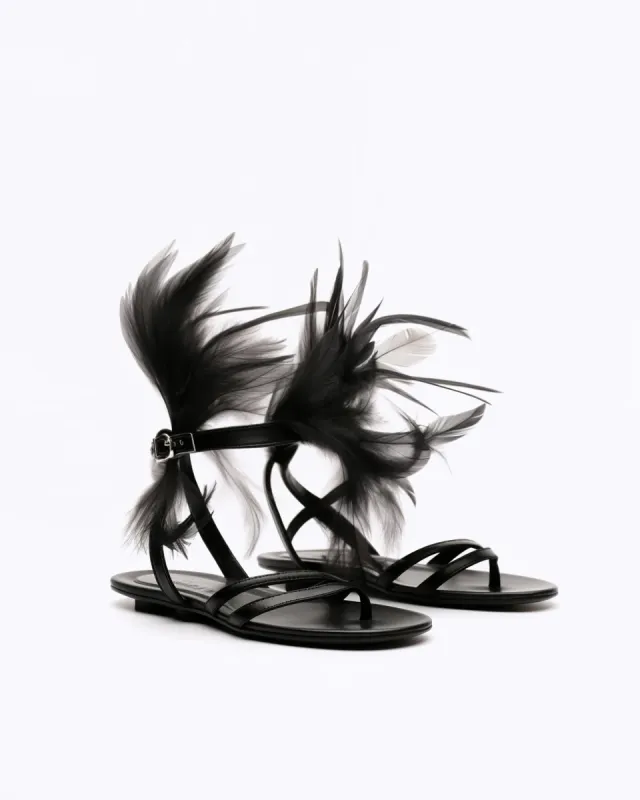 Feather-embellished  Sanldals-Black sold by JW PEI
