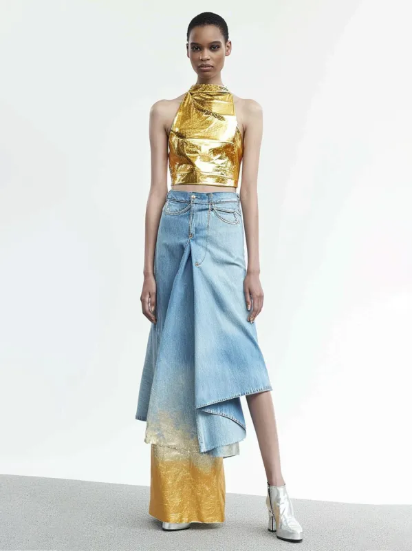 Pleated Colorblock Denim Maxi Skirt - Blue made by JW PEI