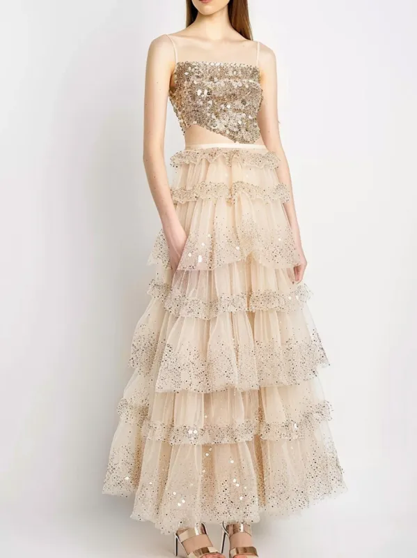 Sequin-embellished Ruffled Maxi Skirt - Beige sold by JW PEI