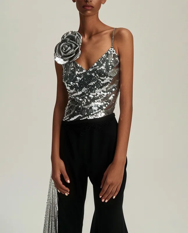 silver sequinned rosette applique top sold by JW PEI