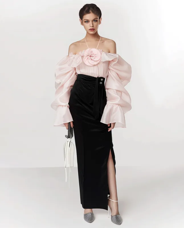 pink floral-appliqué ruffled blouse sold by JW PEI