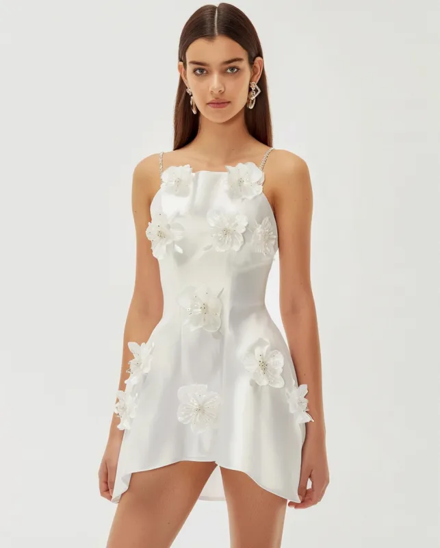 White Satin Floral Applique Mini Dress sold by JW PEI