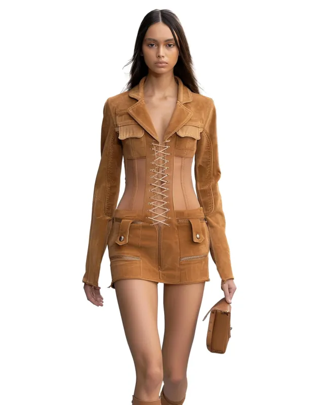 Faux Suede Corset Jacket Mini Dress - Camel sold by JW PEI