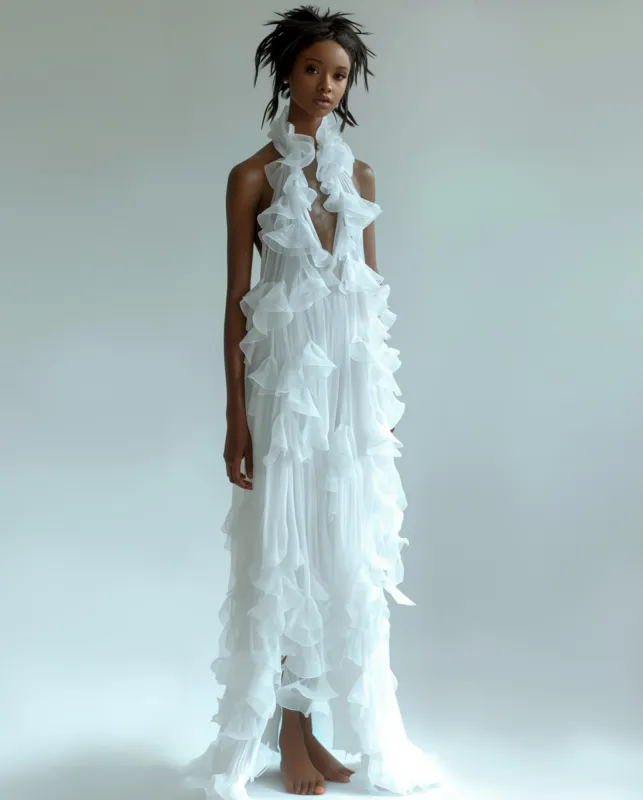 White Sheer Ruffled Long Dress sold by JW PEI