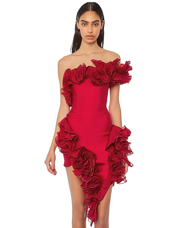 Red Ruffled One Shoulder Asymmetric Dress sold by JW PEI