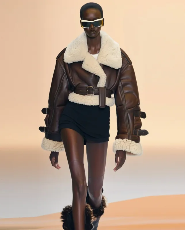 Lily Faux Fur Trimmed Shearling Coat - Brown sold by JW PEI