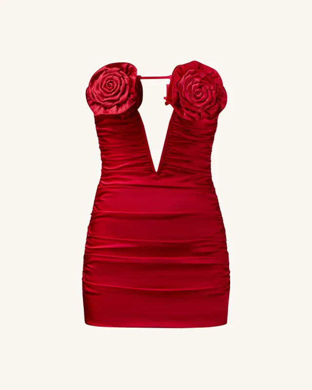 Bailee Red Floral Applique And Ruched Tube Mini Dress - Red sold by JW PEI