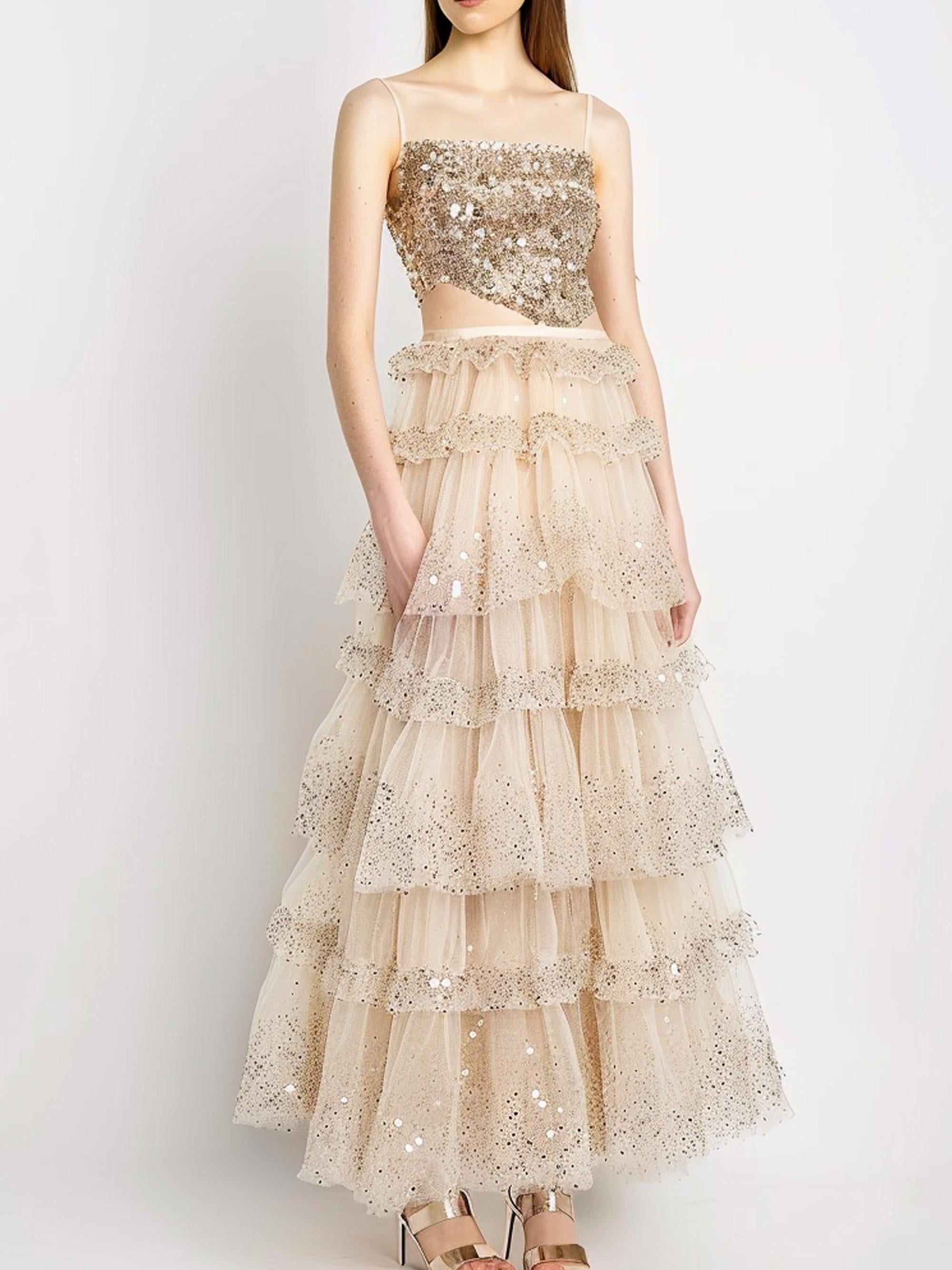 Sequin-embellished Ruffled Maxi Skirt - Beige sold by JW PEI