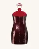Burgundy Sequinned Halter Mini Dress - Burgundy sold by JW PEI