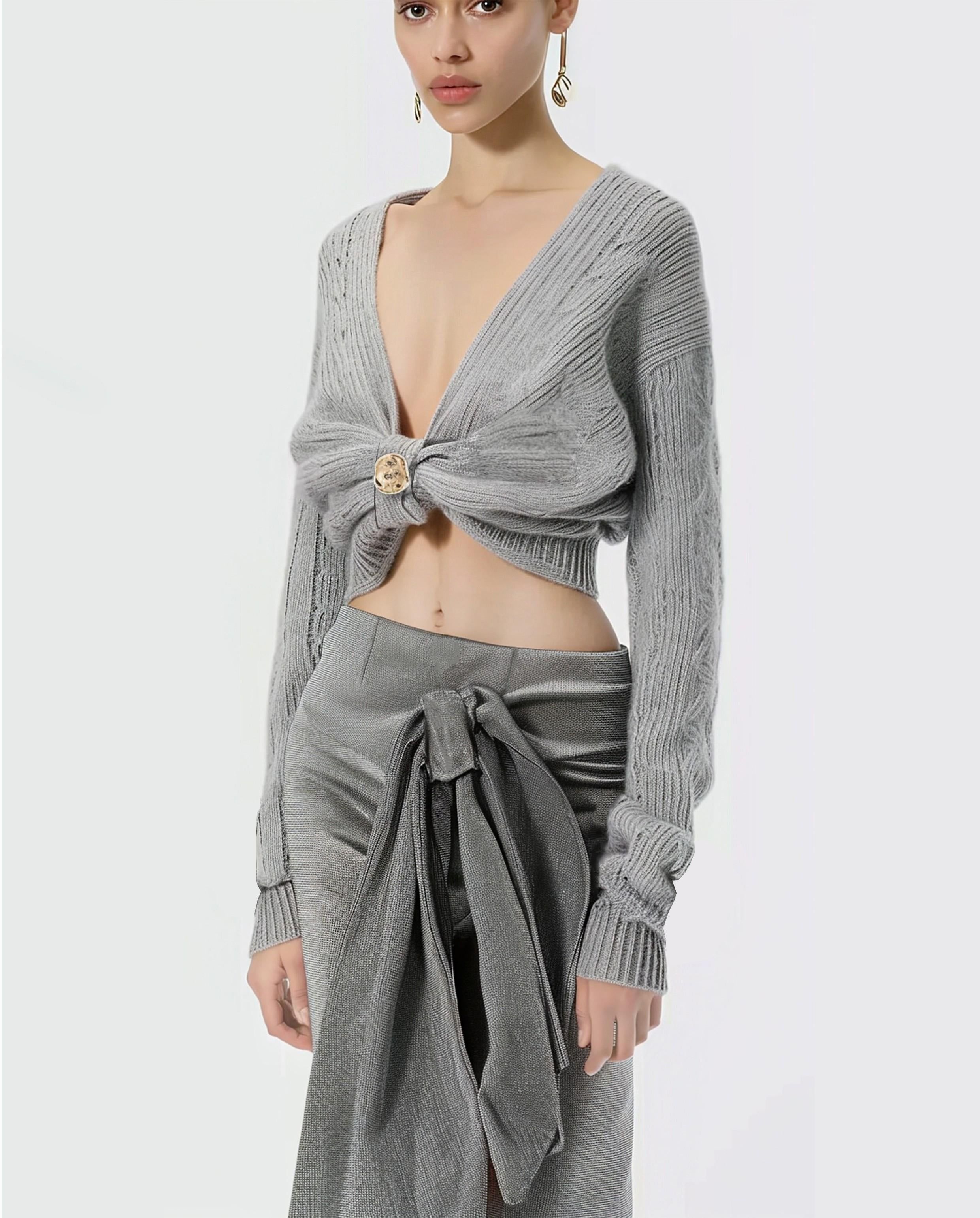 Gold-tone Hardware Decored Grey Knitted Cardigan sold by JW PEI