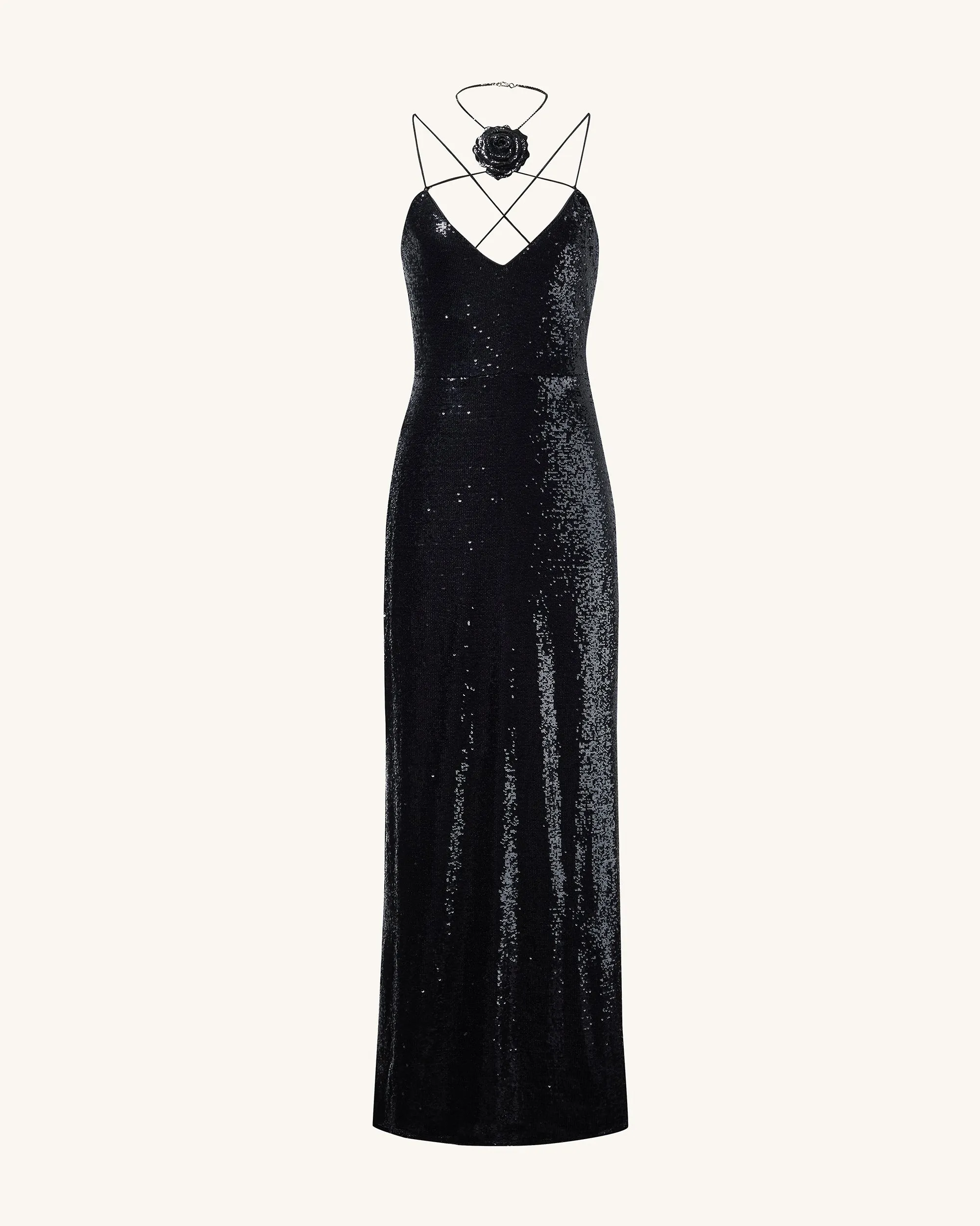 Heisey Black Sequinned Rosette Maxi Dress - Black sold by JW PEI
