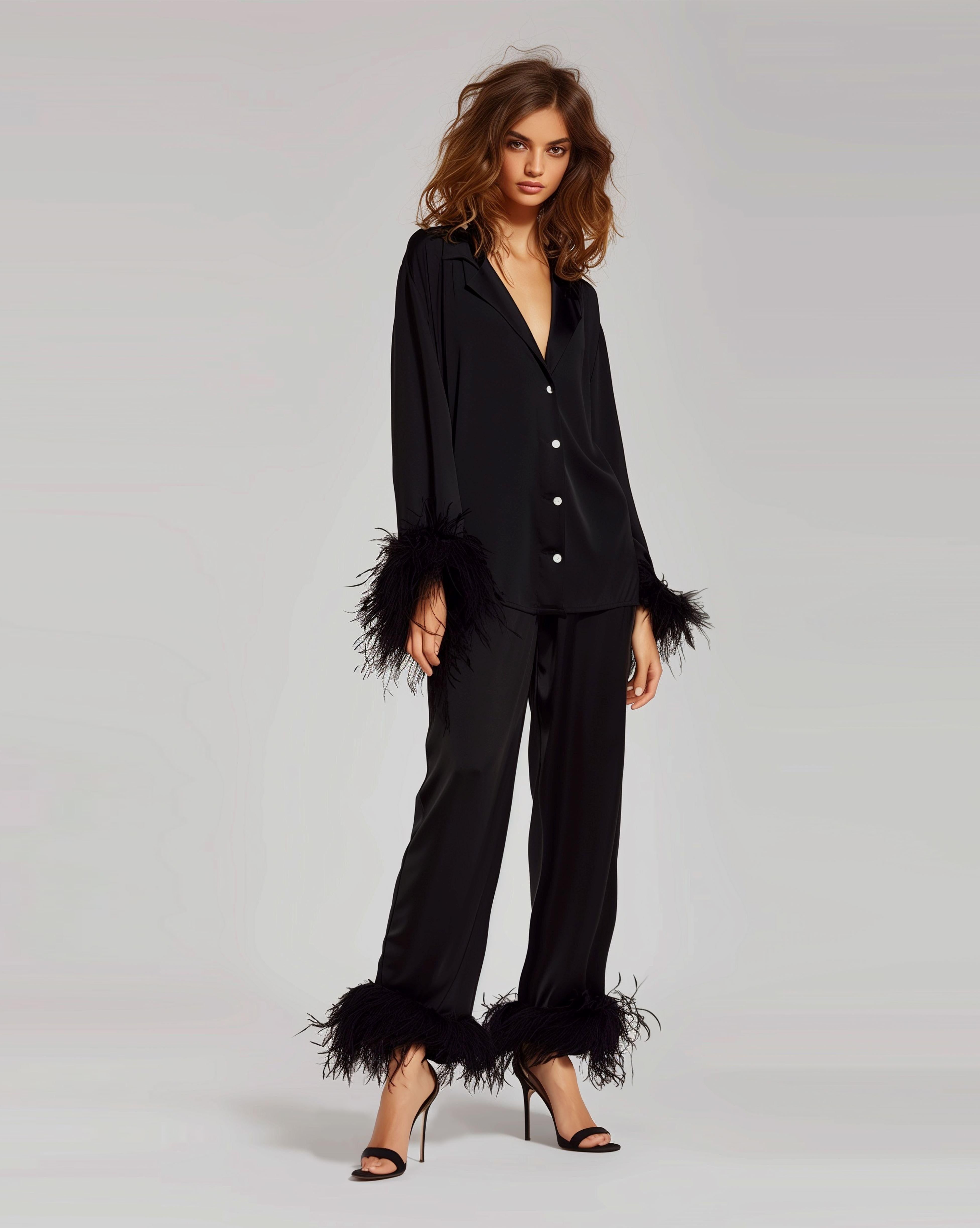Black Feather Detail Pajama Set sold by JW PEI