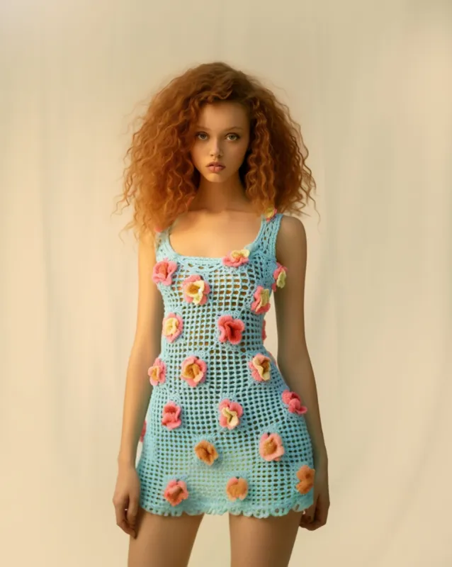 Blue Mini Floral Crochet Dress sold by JW PEI