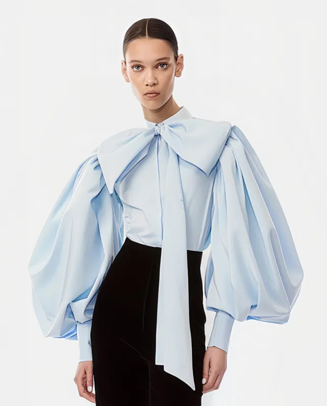 Sophia Puff Sleeve Bow Blouse - Light Blue sold by JW PEI