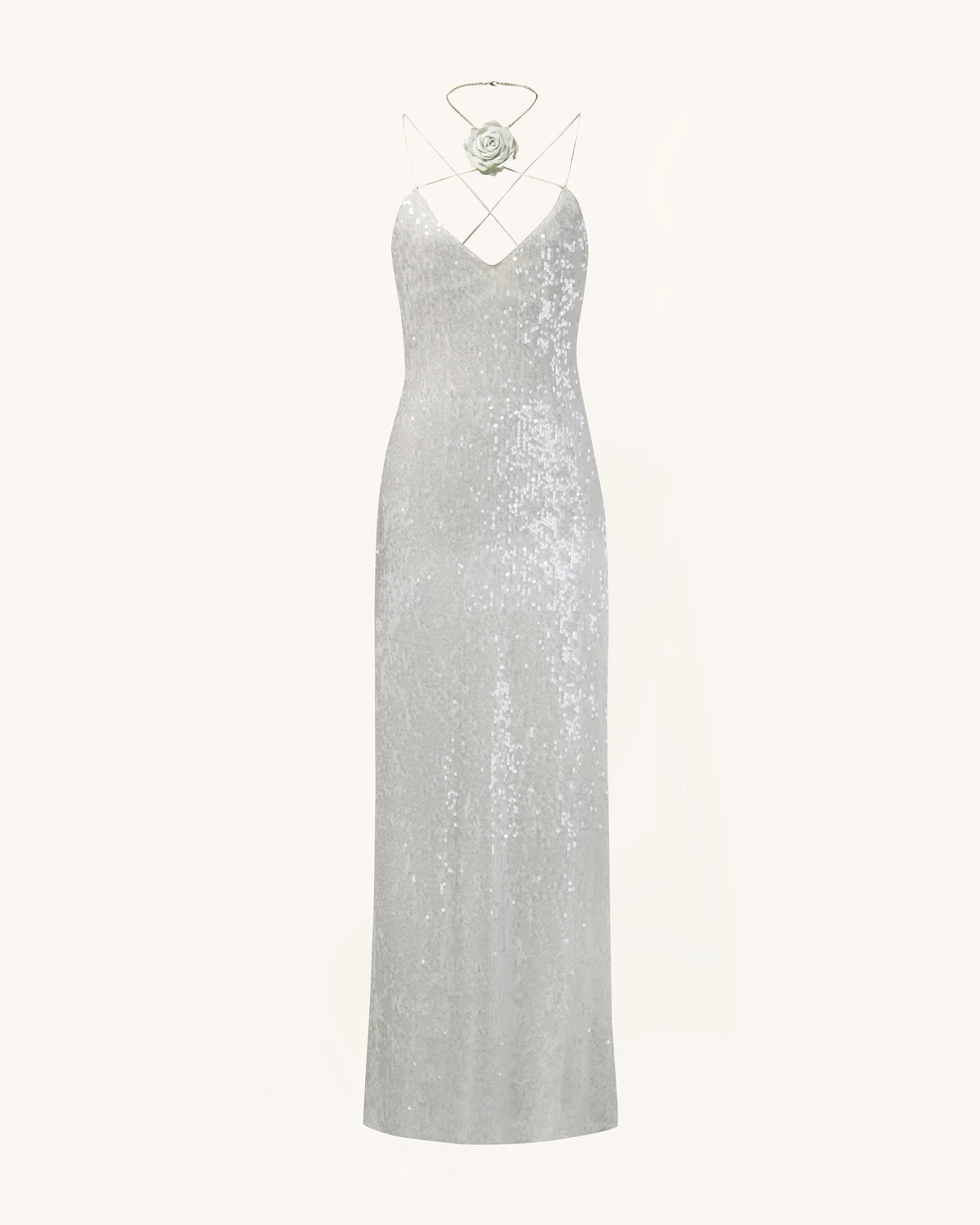 Heisey White Sequinned Rosette Maxi Dress - White sold by JW PEI