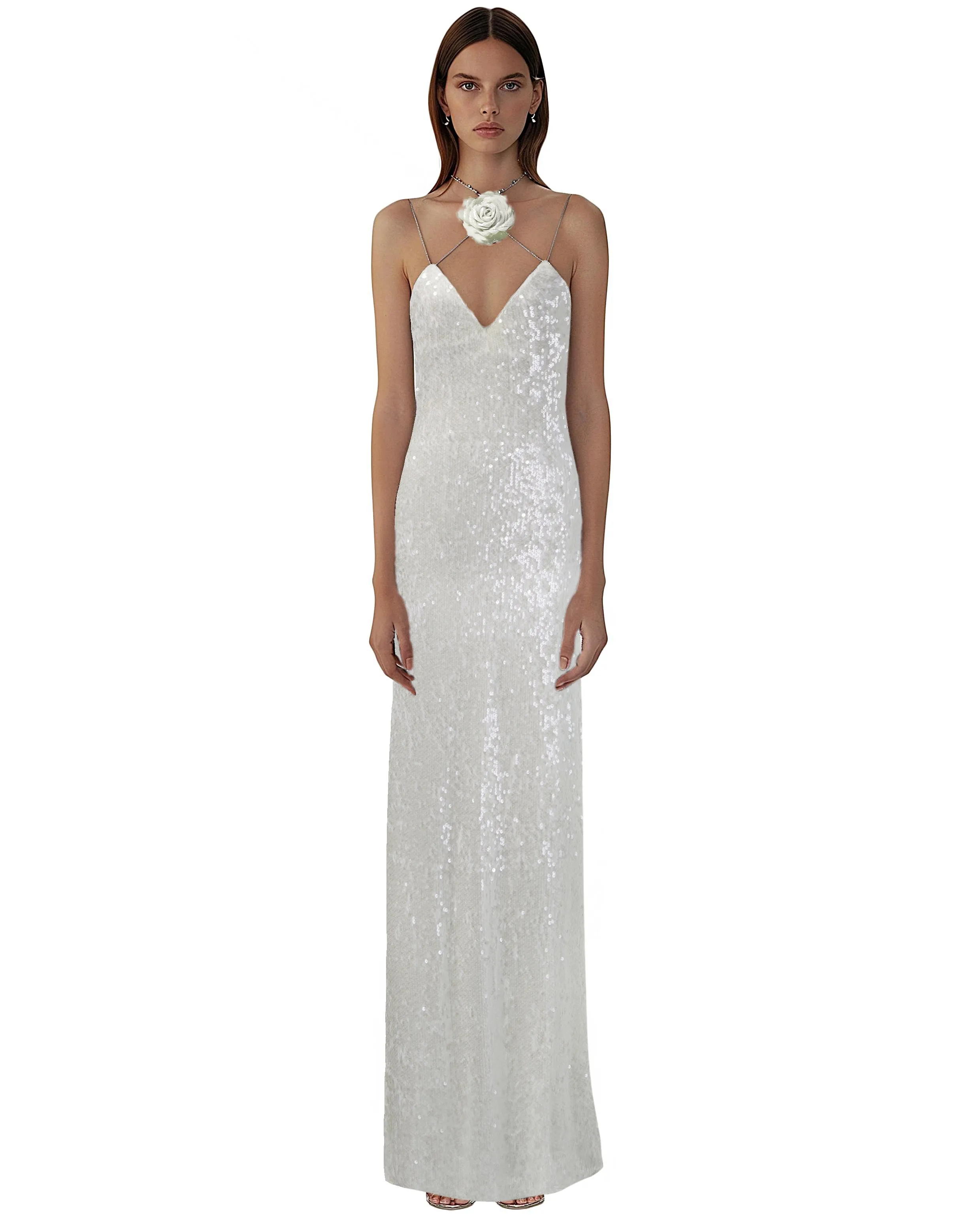 Heisey White Sequinned Rosette Maxi Dress - White sold by JW PEI product image thumbnail 2