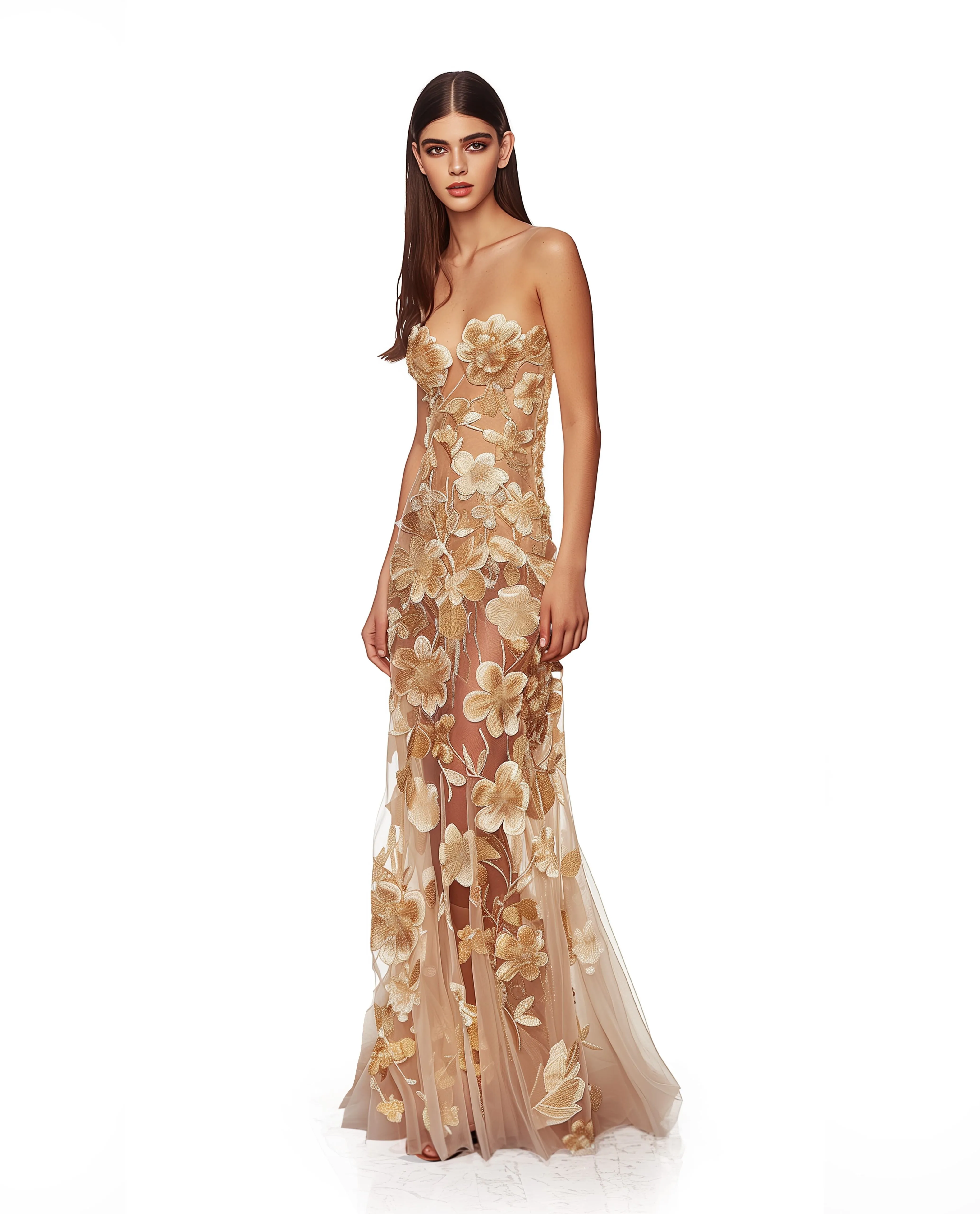 Gold floral embroidered long dress sold by JW PEI