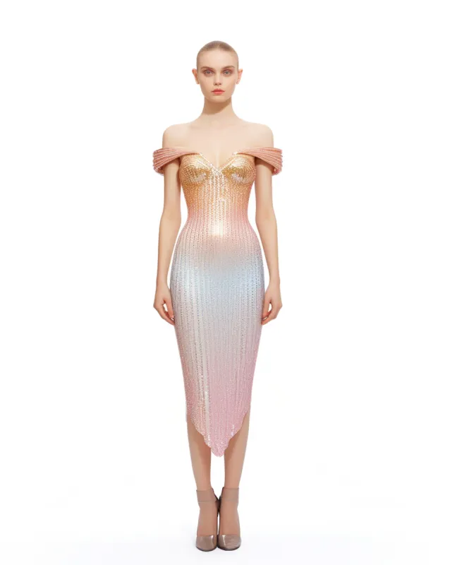 Gradient Rhinestones Off-Shoulder Dress - Multi sold by JW PEI