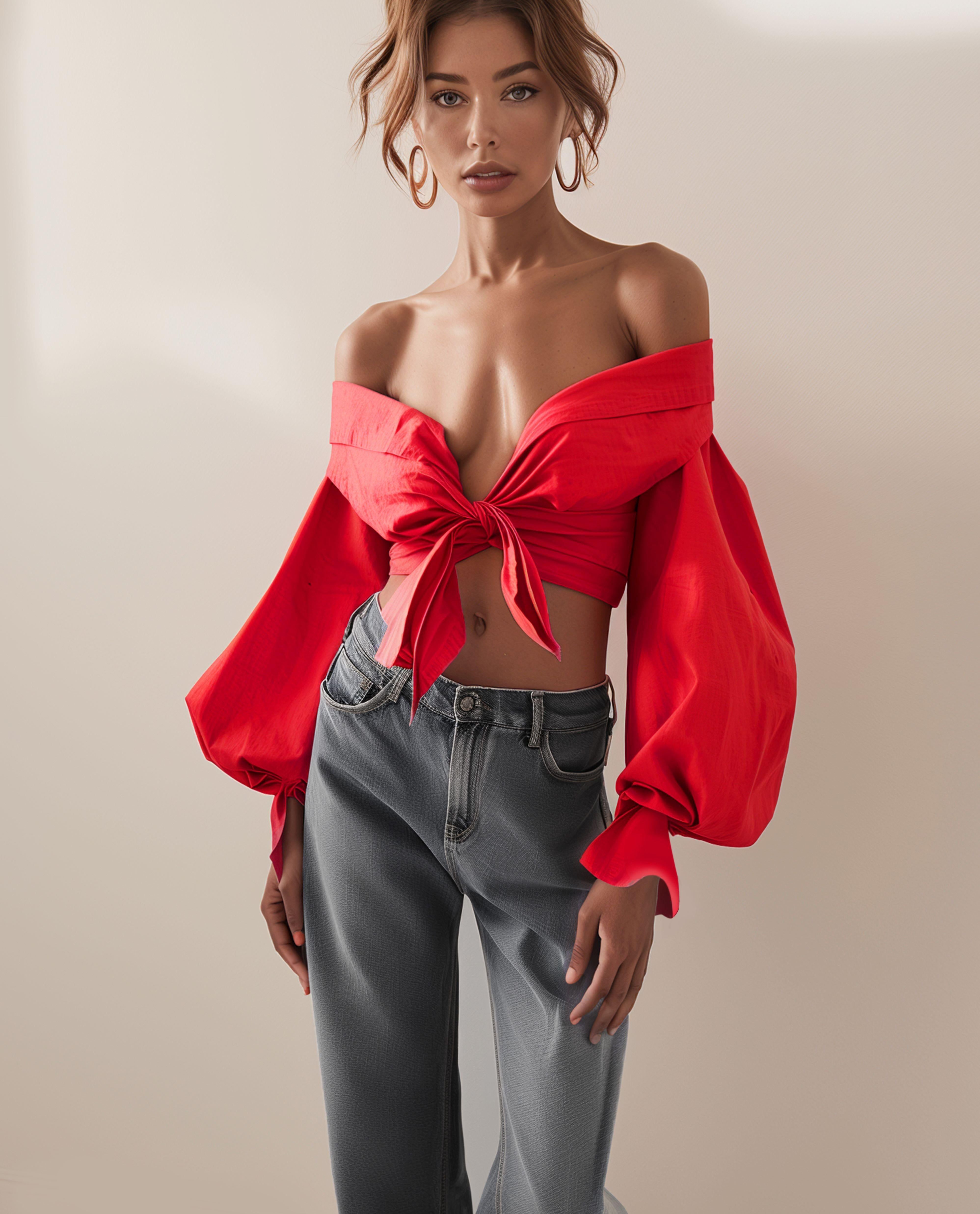 Red one- shoulder shirt sold by JW PEI