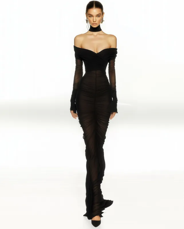 Emily Elegant Off-Shoulder Ruched Gown - Black sold by JW PEI
